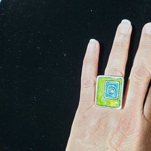 Bold Artisan Green & Teal Blue & Silver Adjustable Ring